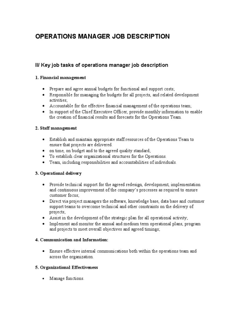 Operations Manager Job Description Operations Management