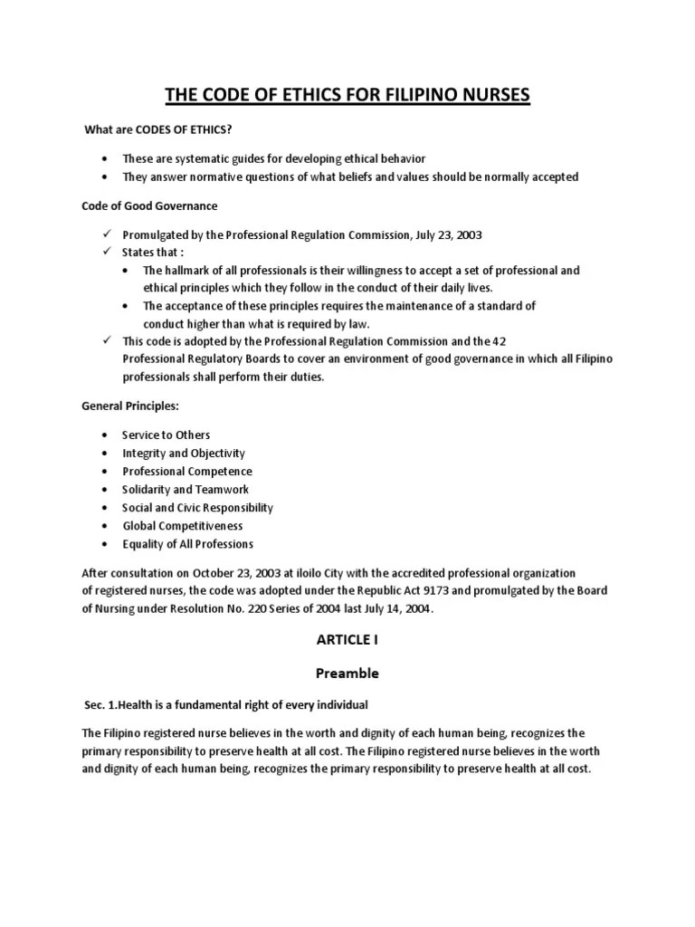 The Code of Ethics for Filipino Nurses Nursing Dignity