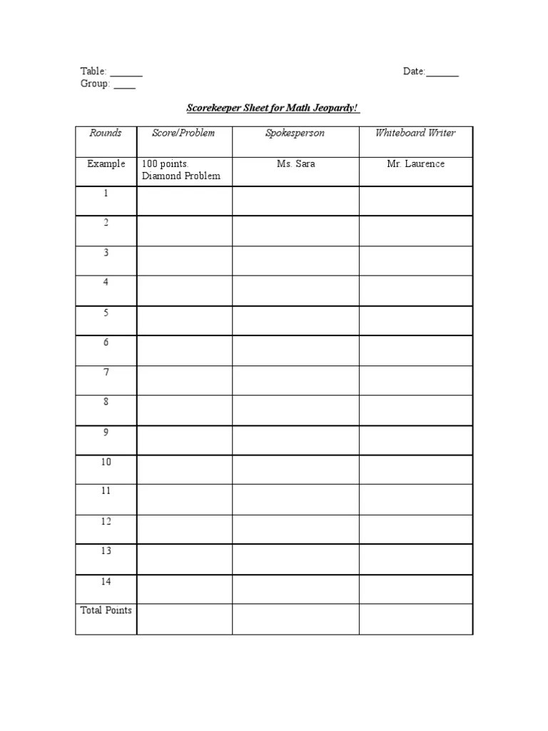 Jeopardy Score Sheet