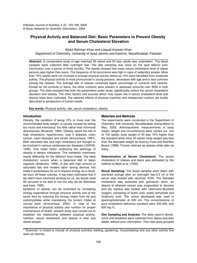 Physical Activity and Balanced Diet Basic Parameters to Prevent