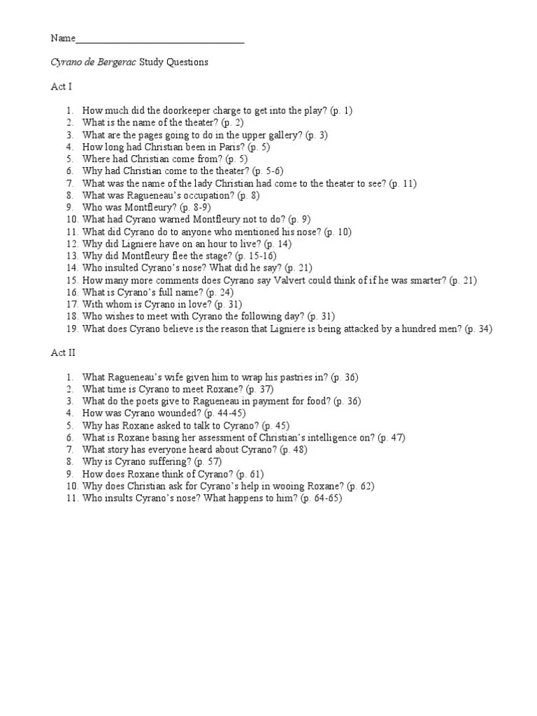 Cyrano de Bergerac Acts 1 Thru 5 Study Questions