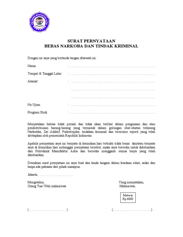 Surat Pernyataan Bebas Narkoba Untuk Cpns Kumpulan Surat Penting
