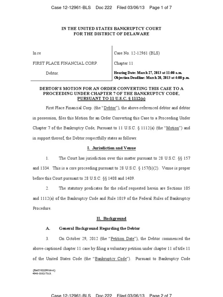 FPFCQ Motion To Convert To Chapter 7 PDF Chapter 11 Bankruptcy In
