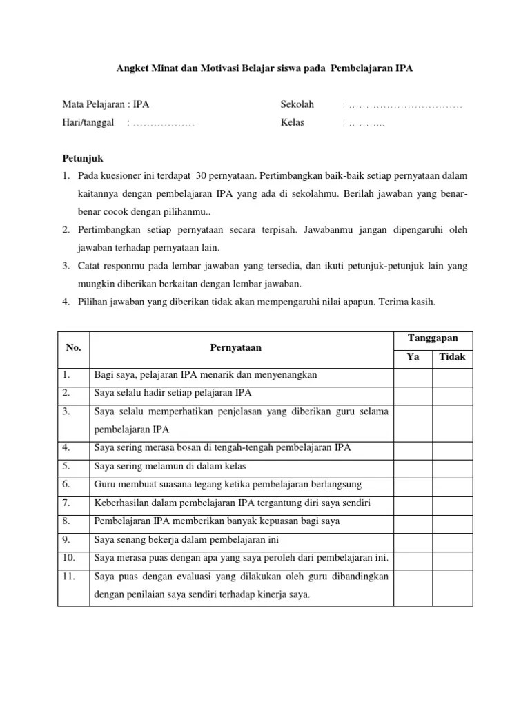 Angket Motivasi Belajar Matematika Siswa Pdf Cara Mengajarku