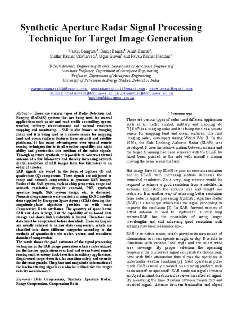 Synthetic Aperture Radar Signal Processing Technique For Target Image
