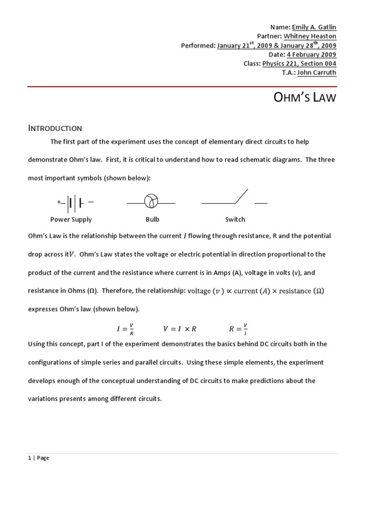 Physics 222 Ohm's Law Lab Report Series And Parallel Circuits