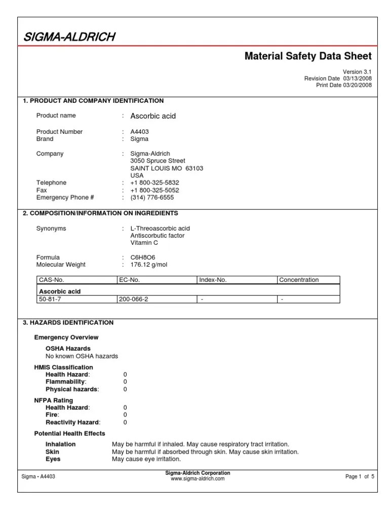 Ascorbic Acid (2008) Dangerous Goods Safety