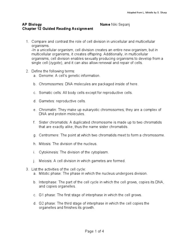 AP Bio Chapter 12The Cell Cycle Guided Reading Answer Key Mitosis