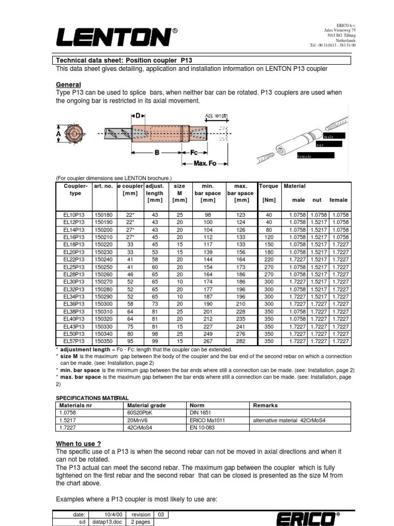 ERICO Lenton Position Coupler P13 Manufactured Goods Mechanical