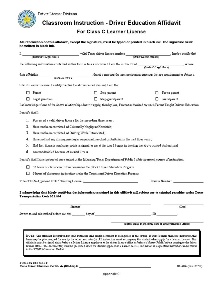 DL90A Classroom Instruction Driver Education Affidavit