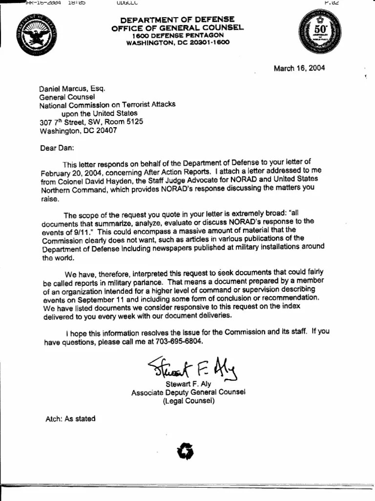 Defense Department Letter To 9/11 Commission About After Action Reports