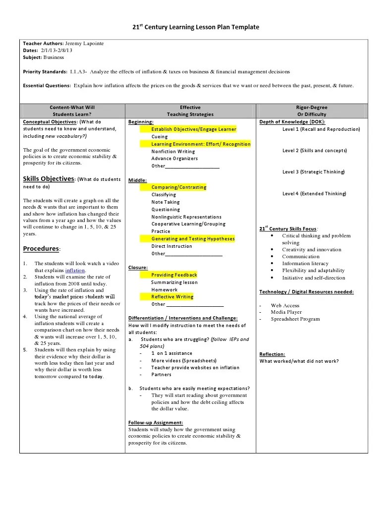 21st century lesson plan template version 3 lapointe Lesson Plan Inflation