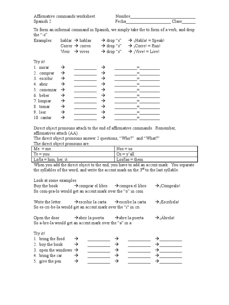 Spanish 2 Affirmative Commands Worksheet | Language Mechanics