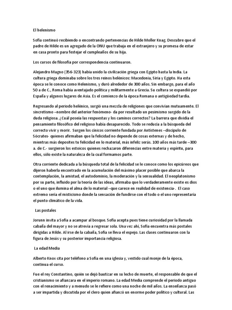 Resumen Por Capitulos Del Mundo de Sofia Periodo helenístico Edades