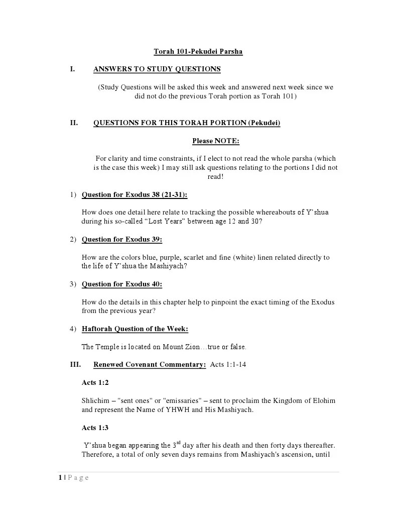 Torah 101Pekudei Parsha I. Answers To Study Questions PDF Torah