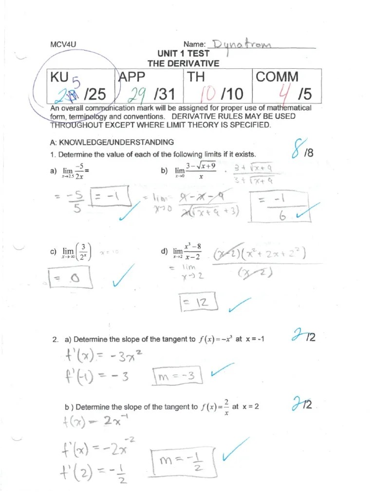 Calculus Unit 1 Test Derivative Tangent