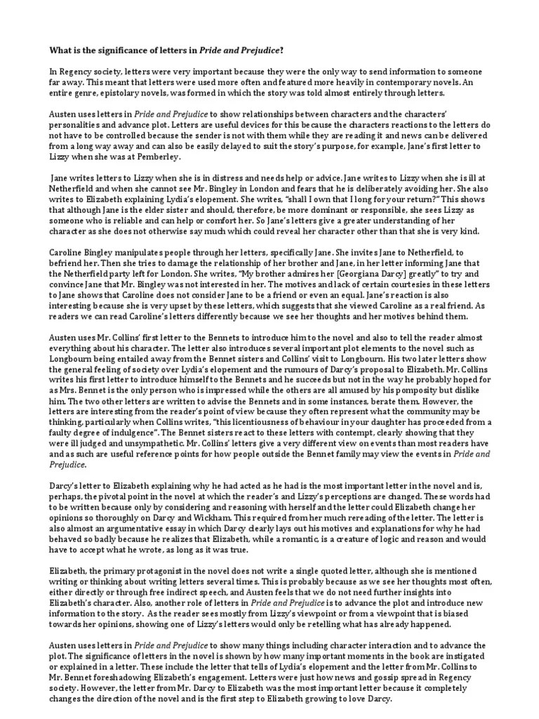 What is the Significance of Letters in Pride and Prejudice? Pride And