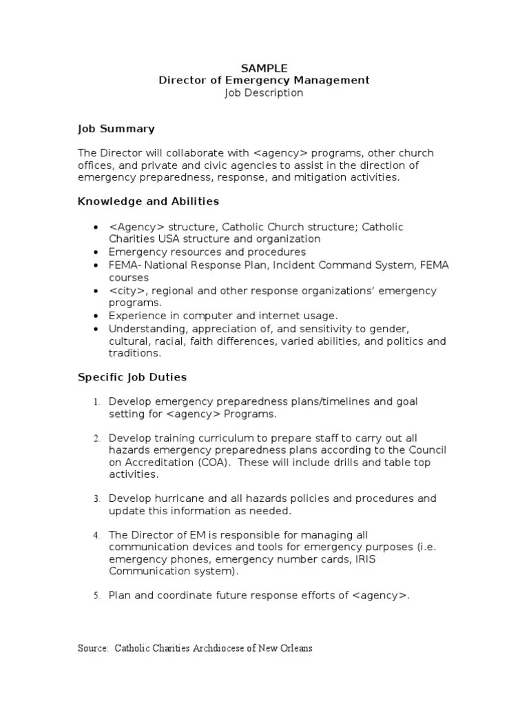 Disaster Job Description for Director of Emergency Management