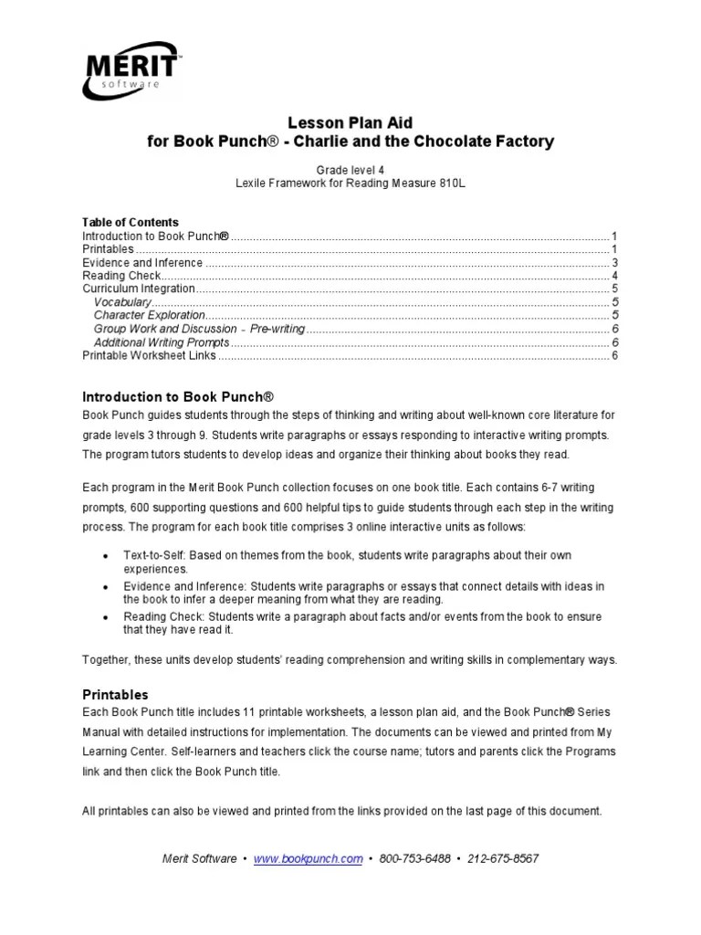 Charlie and the Chocolate Factory Lesson Plan Lesson Plan Books