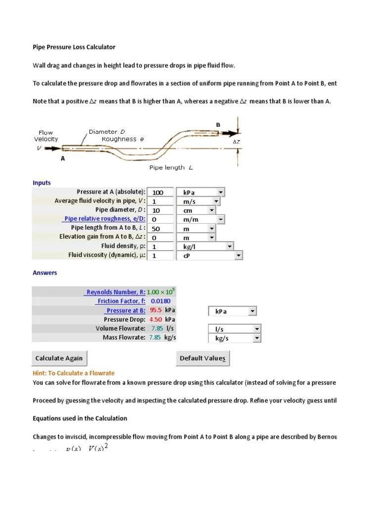 Pipe Pressure Loss Calculator Fluid Dynamics Reynolds Number