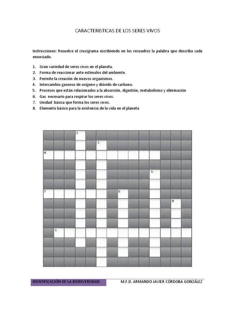 Crucigrama de Las Caracteristicas de Los Seres Vivos