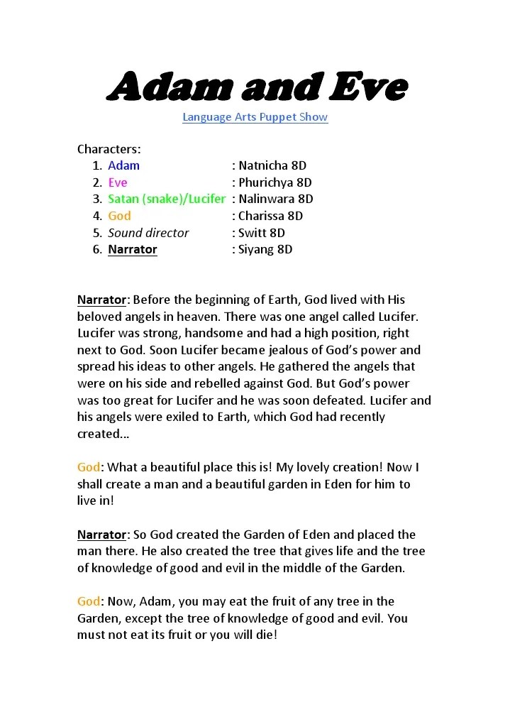 la 3rd q puppet show script Adam And Eve Eve