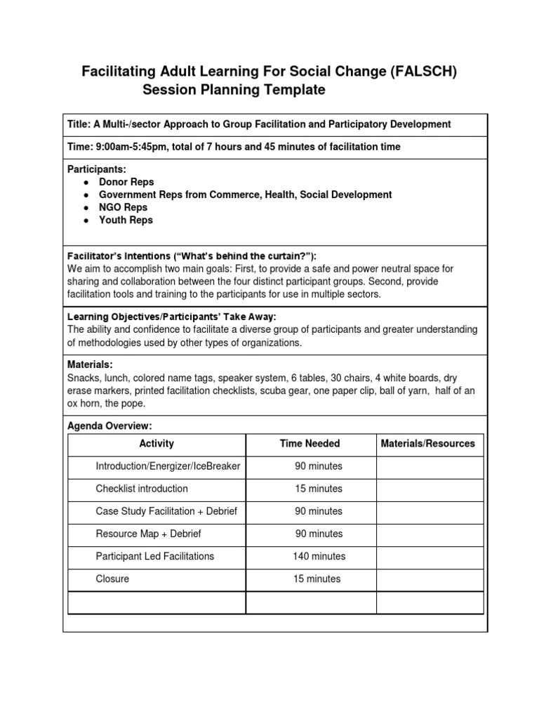 Group 3 (FALSCH) Session Planning Template PDF Facilitator Communication