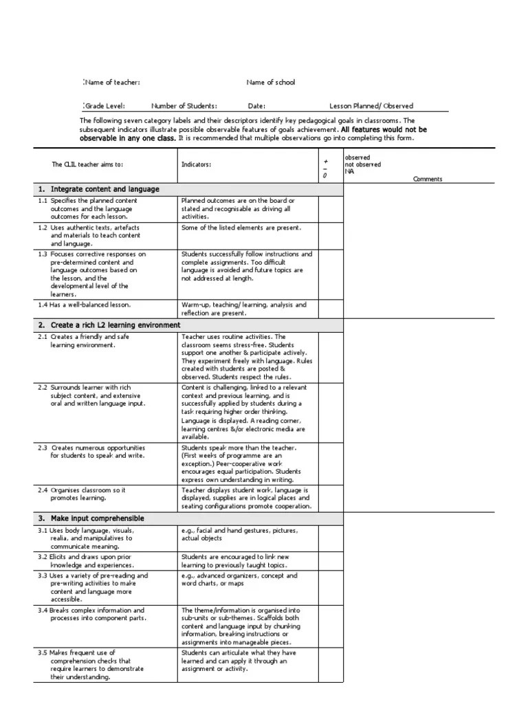 Observation Checklist Reading Comprehension Learning