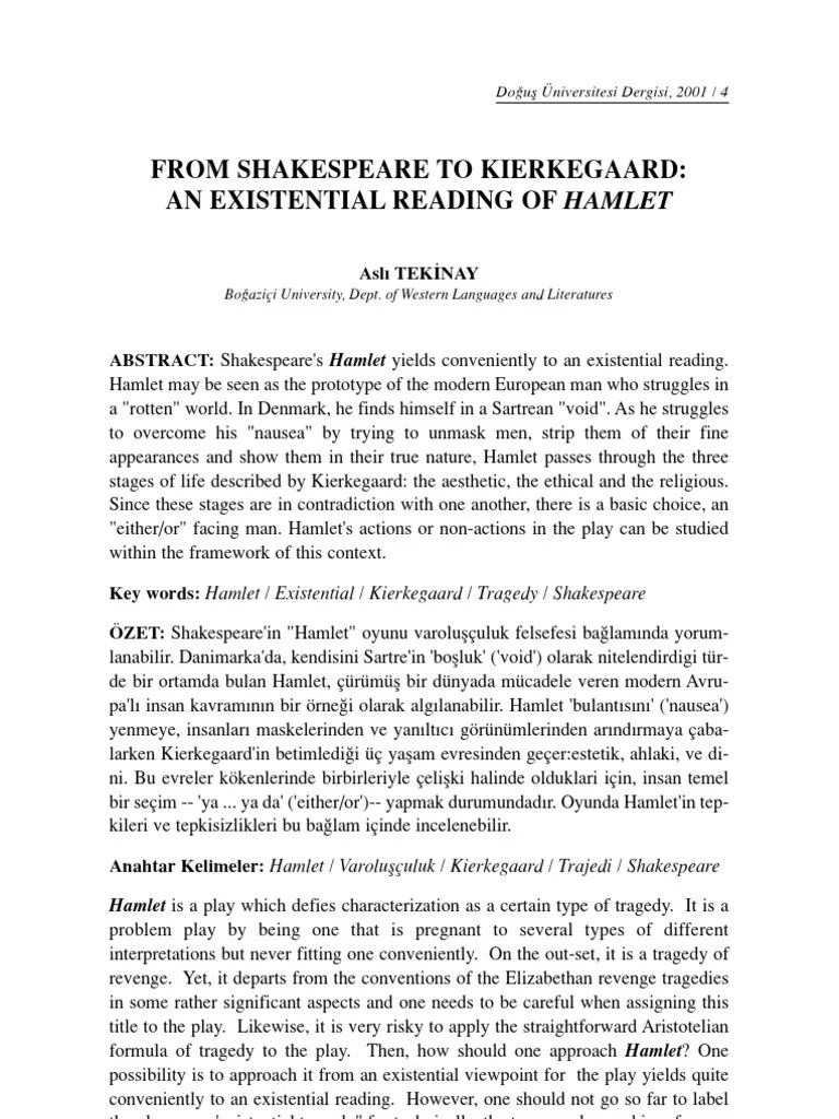 Existential Reading of Hamlet PDF Hamlet Existentialism
