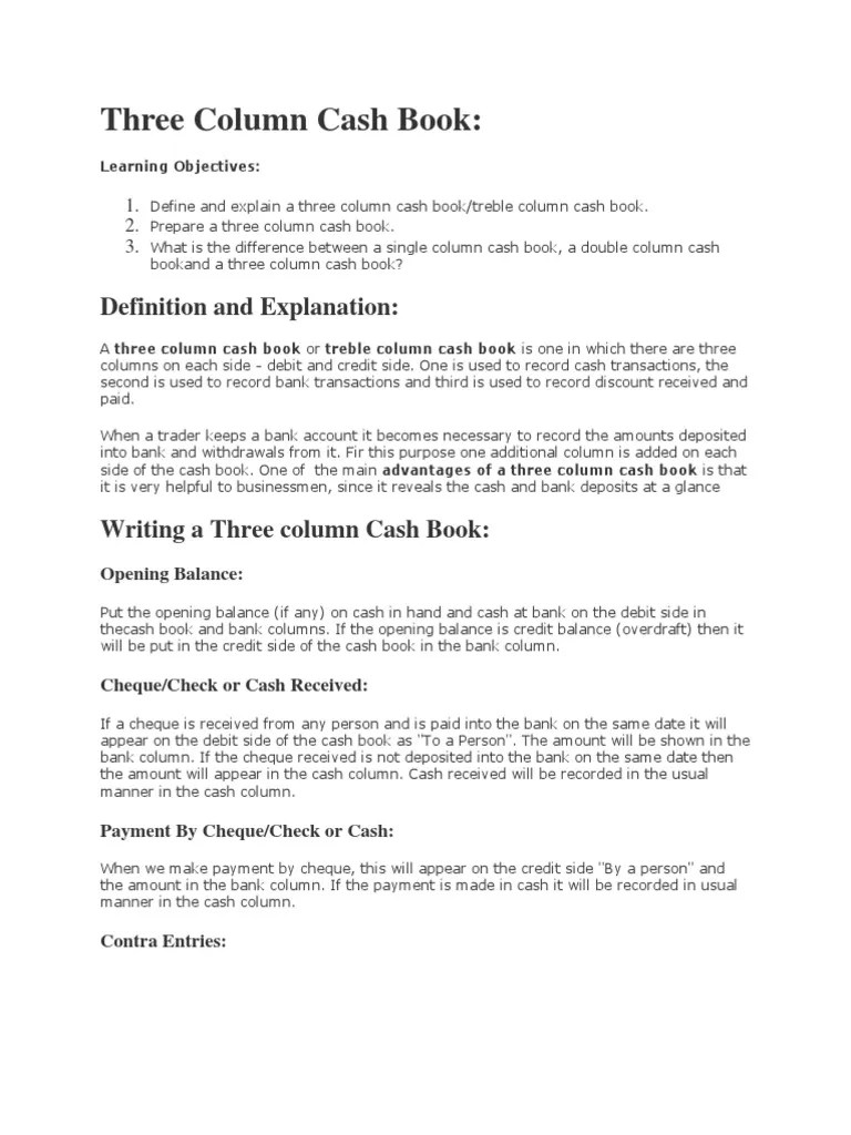 Three Column Cash Book Debits And Credits Bookkeeping