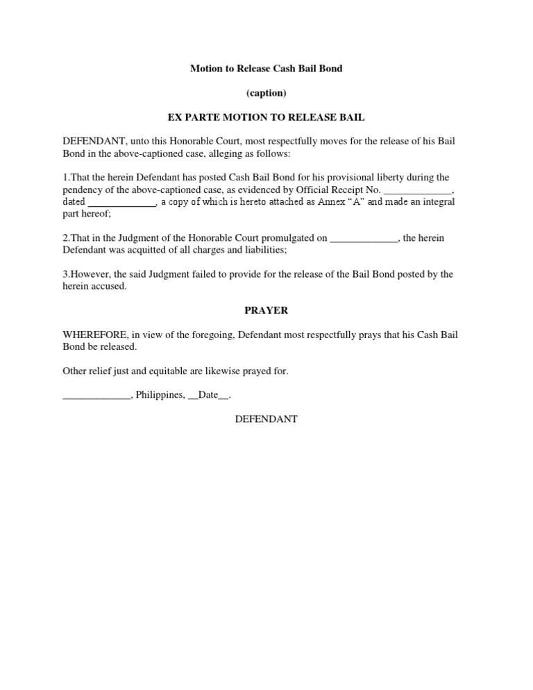 Motion to Release Cash Bail Bond