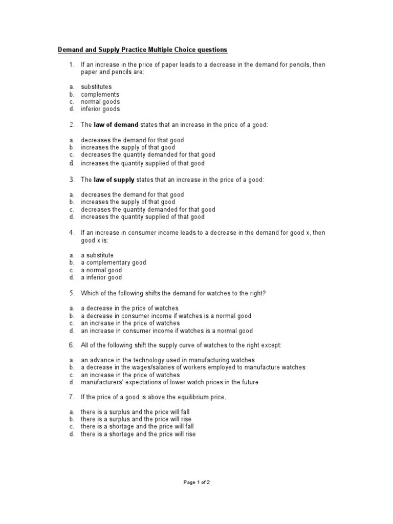 Demand and Supply Multiple Choice Questions Supply And