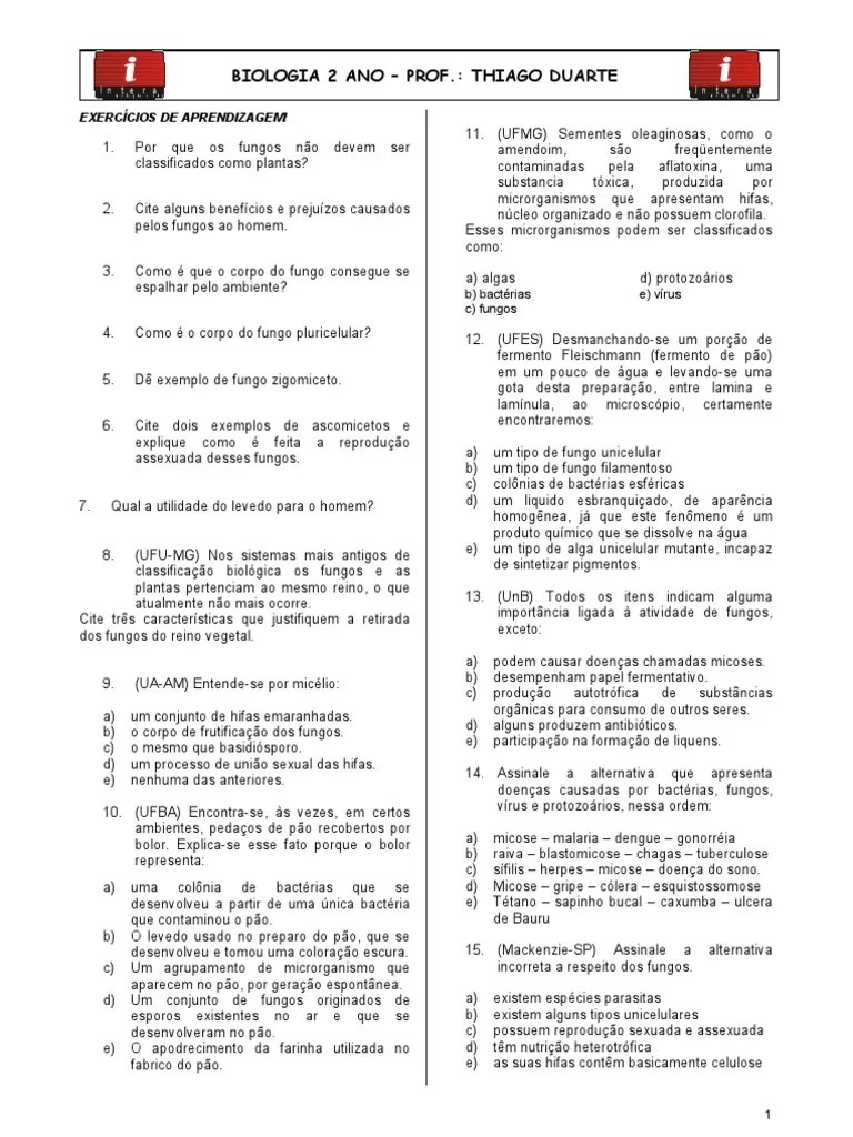 Lista de Exercicios Reino Fungi Fungus