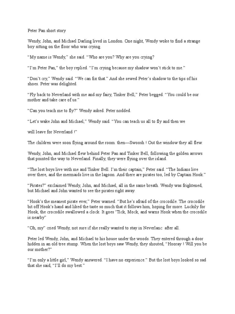 Peter Pan Short Story Wendy Darling Peter Pan