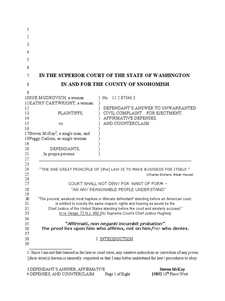 Eviction.answER. to Complaint.2 Cause Of Action Lawsuit Free 30