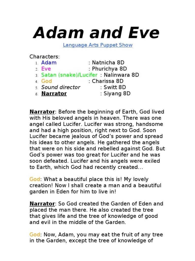 La 3rd Q Puppet Show Script PDF Adam And Eve Eve