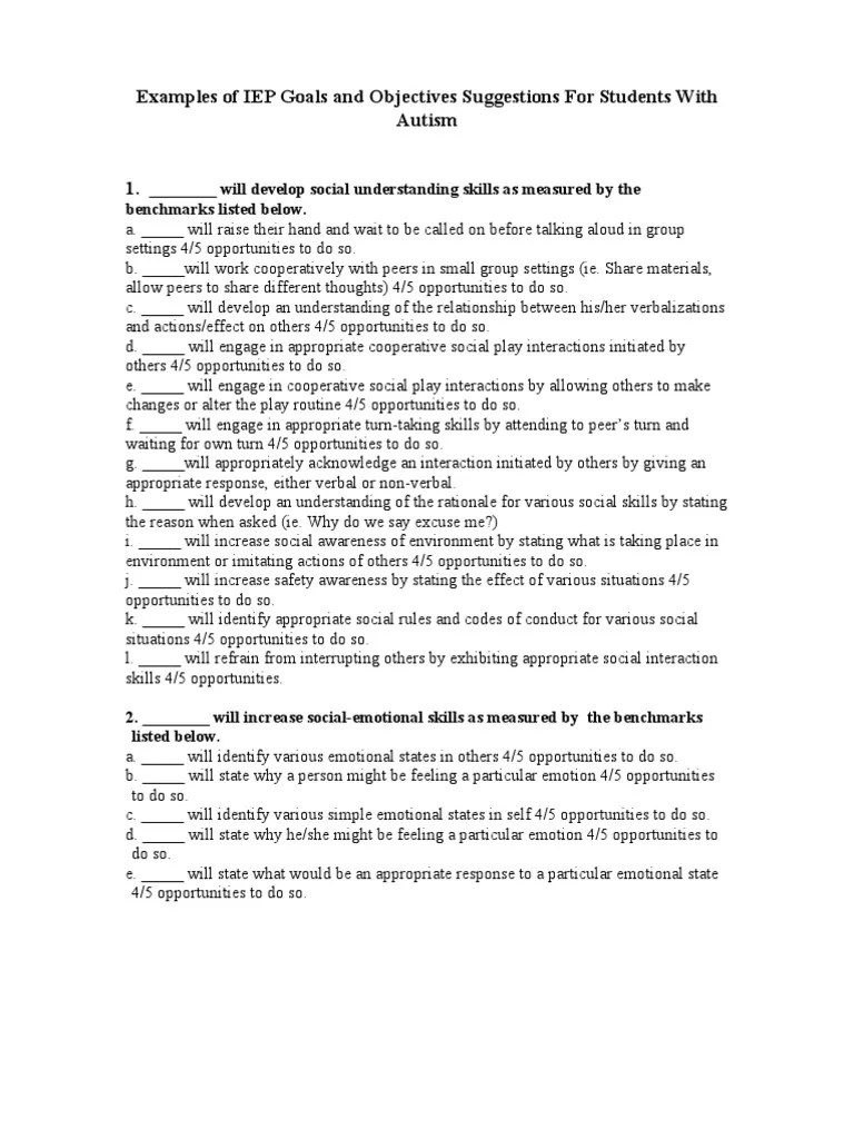 Sample Social IEP Goals PDF Nonverbal Communication Communication