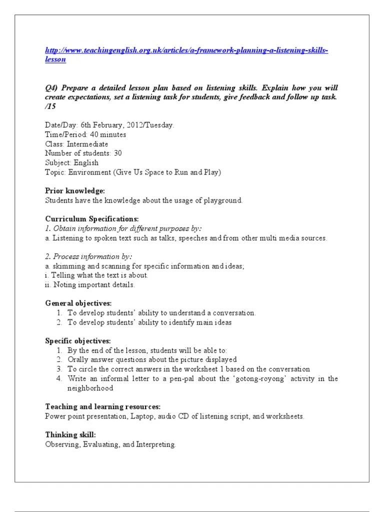 A Detailed Lesson Plan Based On Listening Skills PDF Lesson Plan