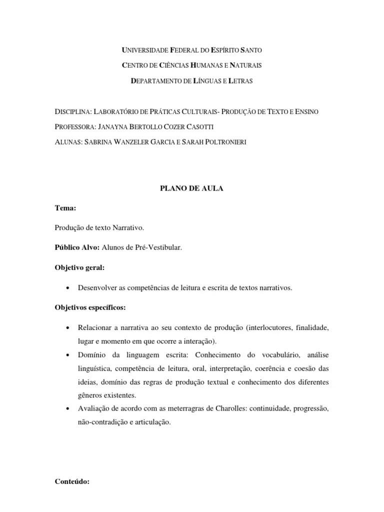 Plano de Aula Texto Narrativo