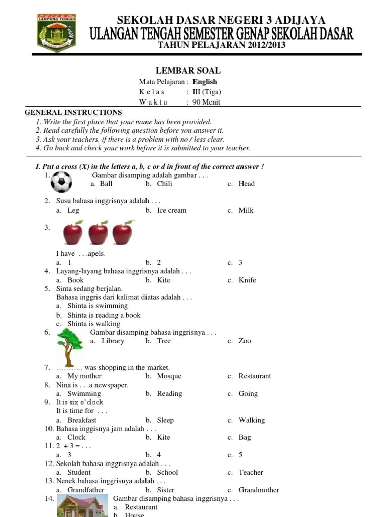 Soal Bahasa Inggris Kelas 3 Mid Semester Genap Tahun Pelajaran 2012/2013 | Pdf