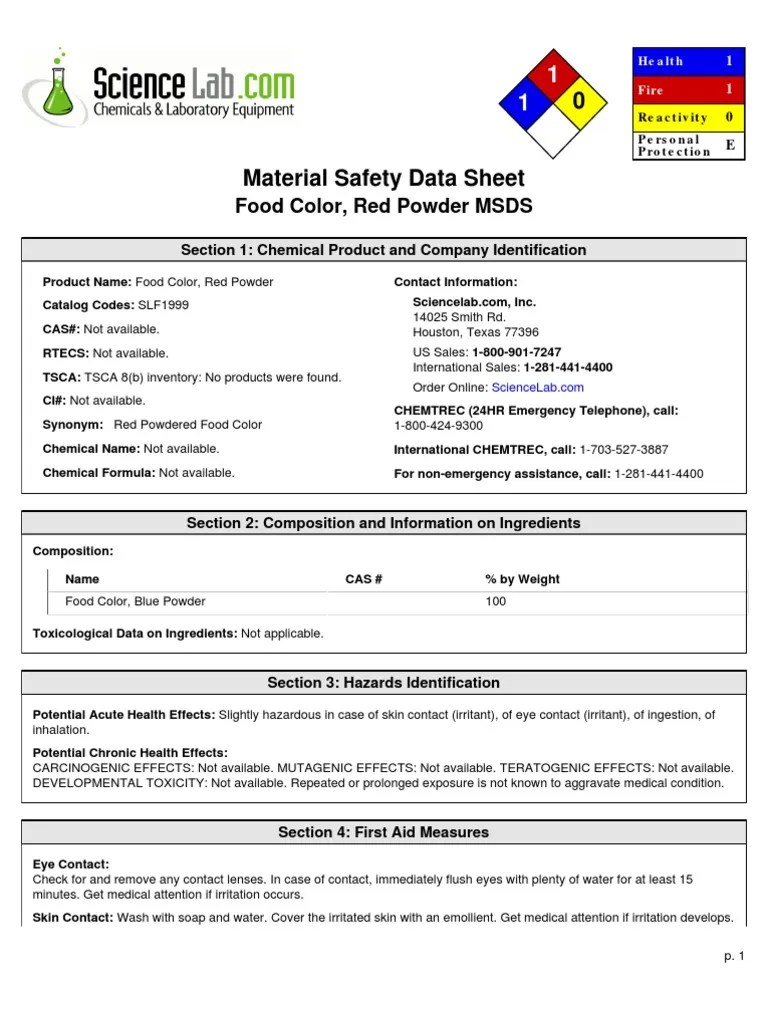 Food Color, Red Powder MSDS Section 1 Chemical Product and Company