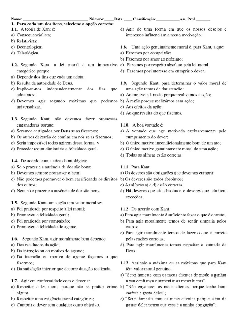 Ficha de Exercícios Filosofia Kant e Mill VF PDF Utilitarianismo