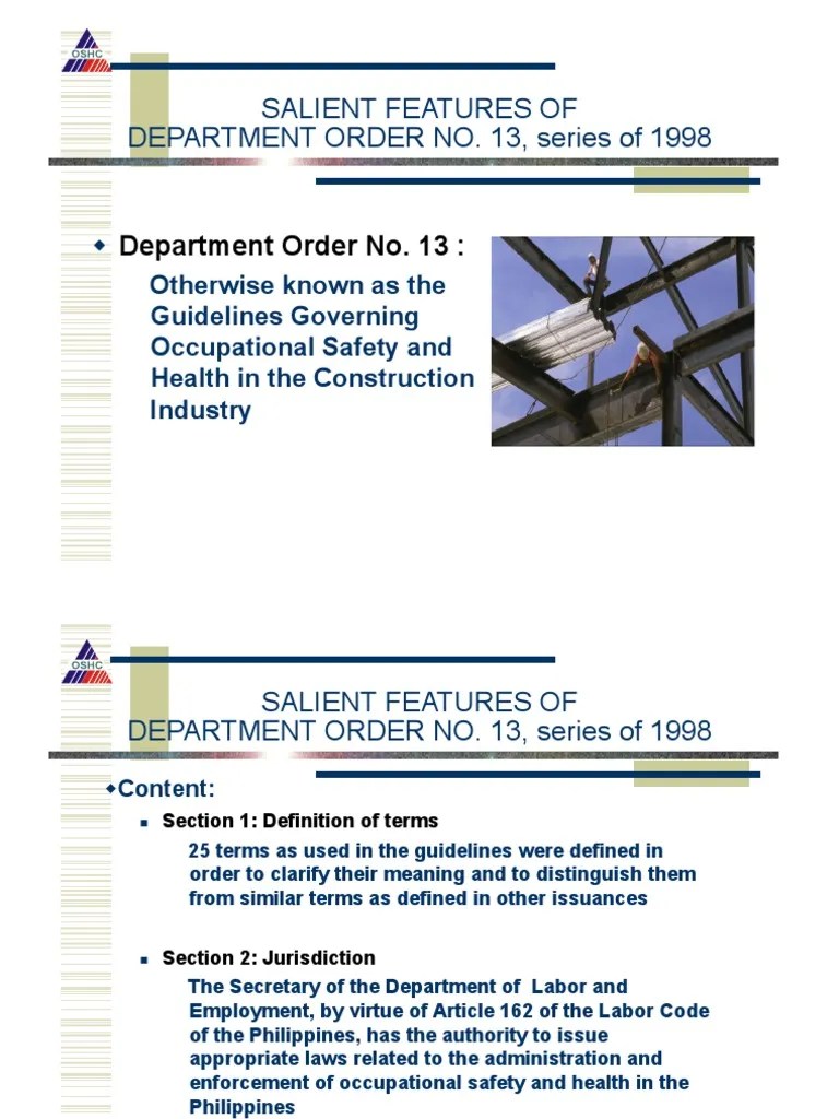 Salient Features DO 13 Occupational Safety And Health Personal