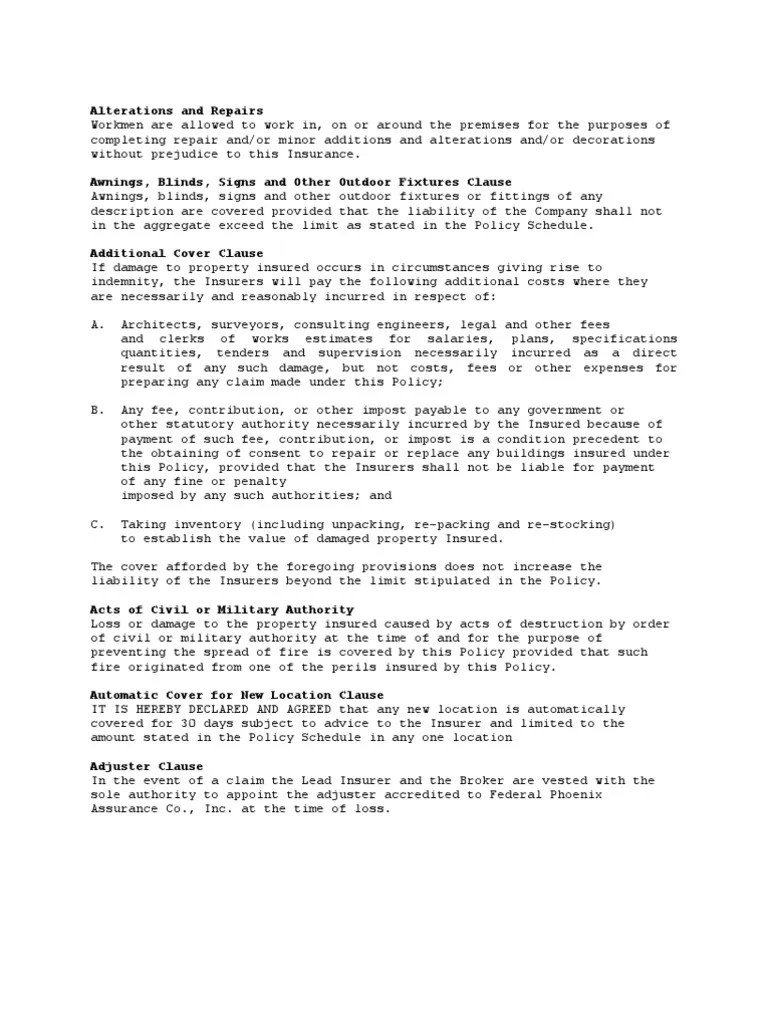 Fire Clauses Liability Insurance Insurance Policy