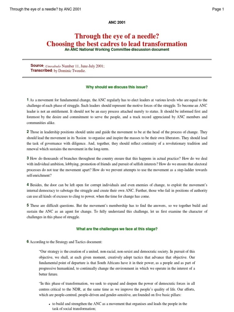 Through The Eye of A Needle by ANC 2001 PDF Apartheid