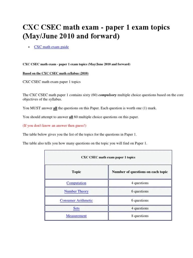 CXC Math Exam Paper 1 and Paper 2 Exam Questions PDF Number Theory