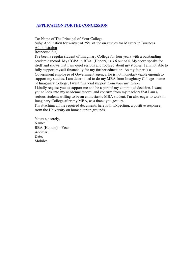 Application for Fee Concession Master Of Business Administration