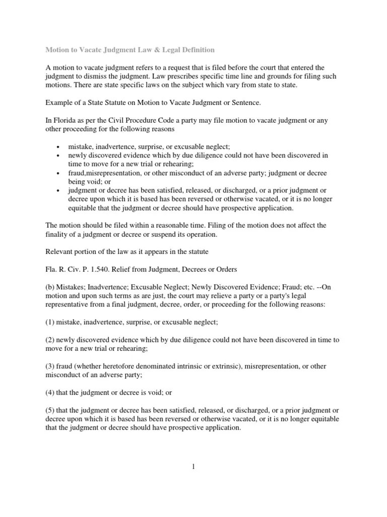 Motion to Vacate Judgment Law Judgment (Law) Civil Law Law)