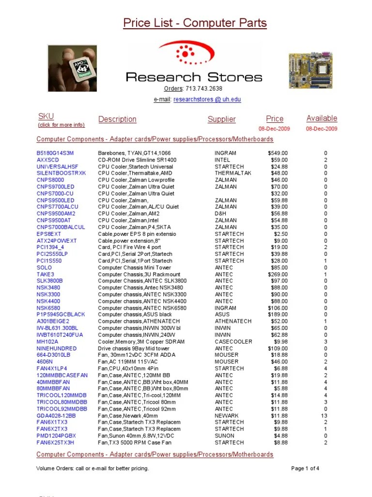 Computer Parts Price List December 8, 2009 PDF Dvd Manufactured