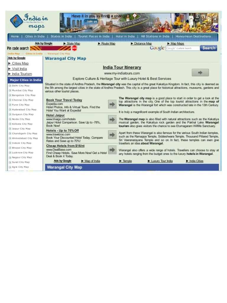 Warangal City Map Tourism South Asia